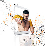 Fight, portrait and a man on a phone app for training help, support and punching on a white background. Focus, fitness and a male fighter with a punch for boxing, cardio and sports on a mobile