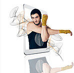 Fitness, app and portrait of a man from a phone screen on a white background for exercise. Cardio, boxing and an athlete or male boxer with a mobile for a martial arts workout on a studio backdrop