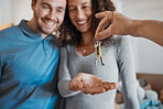 Hand, love or happy couple with house keys in real estate, property investment or buying apartment. New home blur, realtor giving or excited man with smile or woman to celebrate moving in together 