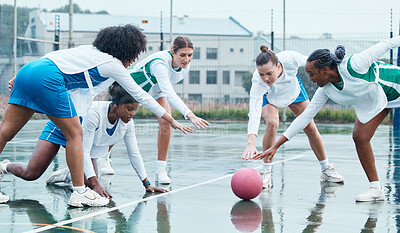 Buy stock photo Sports, ball and team netball competition, practice and women playing game, court challenge or winter match. Fitness, teamwork and group workout, tournament and athlete action, exercise or training