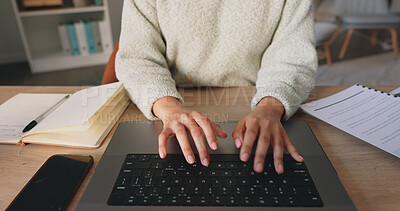 Buy stock photo Office, hands typing on laptop and woman at desk at startup with email, agenda or research for small business. Technology, planning and networking, girl writing online report on computer keyboard.