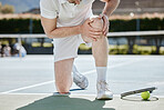 Knee pain, tennis legs and sports person with medical problem, injury or hurt from competition, match or game. Broken bone, court or player with joint ache from fitness, exercise or athlete training