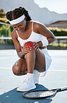 Knee pain, black woman and injury, fitness and athlete outdoor, medical emergency in tennis and red overlay. Health, inflammation and sport accident, anatomy glow for muscle tension and osteoporosis