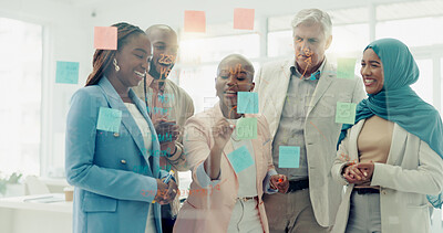 Buy stock photo Meeting, training and sticky notes on glass in the office with a business team talking about strategy. Teamwork, planning and collaboration with a black woman leader coaching her staff at work