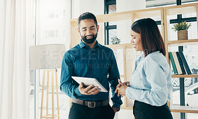 Buy stock photo Business people, smile and tablet for planning, partnership or project management in office. Professional. man and woman with touchscreen or happiness for meeting or recruitment at workplace or job