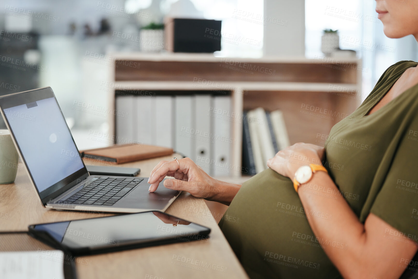 Buy stock photo Laptop, hands or pregnant business woman in office on social media, website or internet on couch. Maternity, communication or designer with pregnancy or networking technology to scroll in workplace 