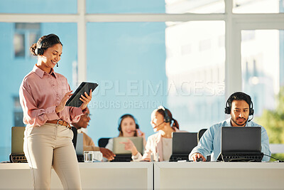 Buy stock photo Happy woman, call center or manager with tablet in customer service or telemarketing. Contact us, leadership or sales consultant agent with headphones, smile or technology for online tech support