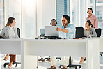 Angry man, call center and laptop in mistake, fail or difficult customer in contact us at office. Frustrated businessman, consultant or agent grabbing computer in anger management, debt or bankruptcy