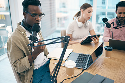 Buy stock photo Man, microphone and podcast or recording, streaming or creative conversation. Diversity, group and black male person or laptop in office for social network, influencer or live online content creating