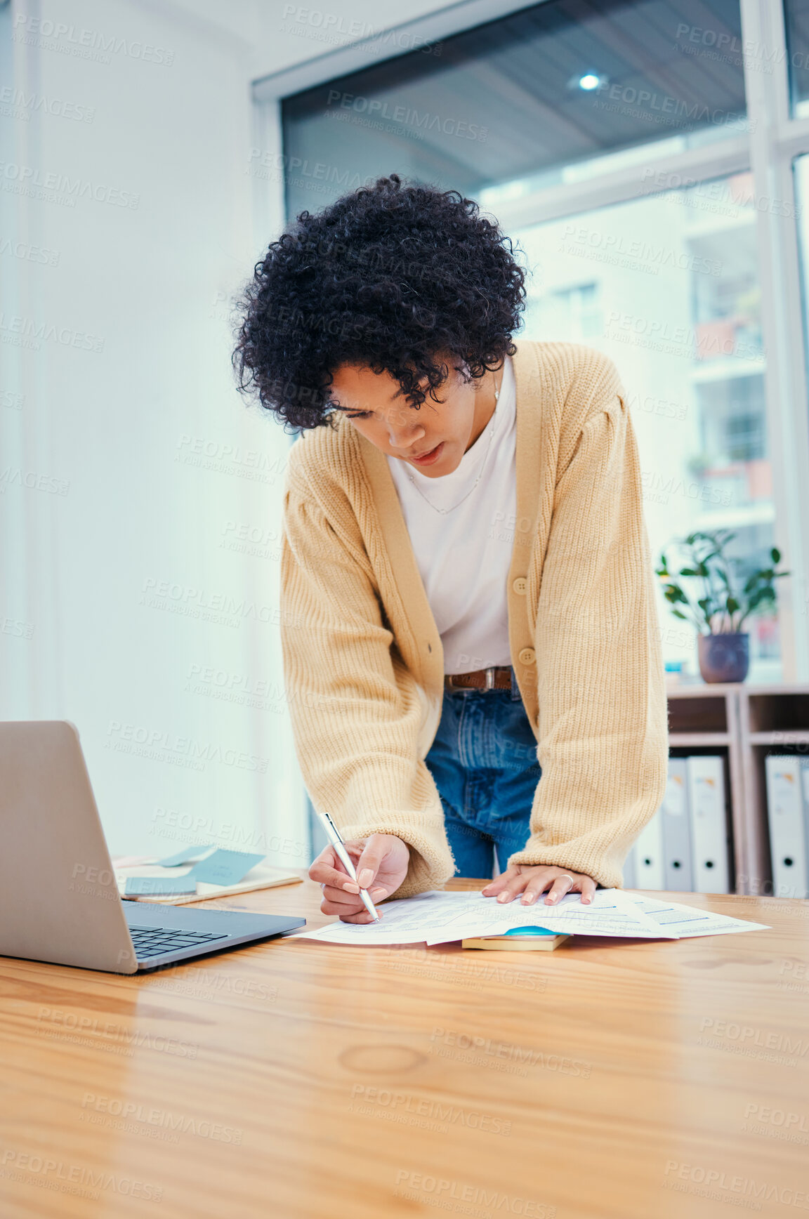 Buy stock photo Woman with laptop, notes and research in office with admin, internet and creative ideas for freelance project. Remote work, paperwork and girl standing with computer, writing and document for agenda.