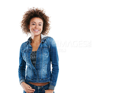 Buy stock photo Fashion, denim and portrait of black woman in studio for happiness, confidence or aesthetic with white background. Smile, style and female model for trendy, cool or modern clothing with mockup