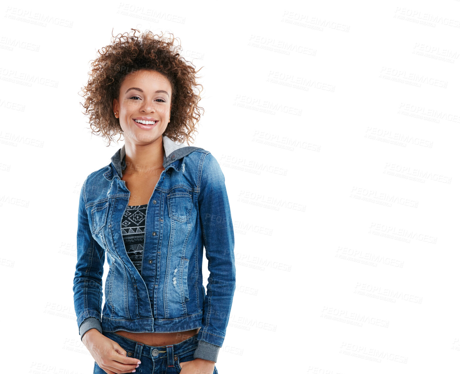 Buy stock photo Fashion, denim and portrait of black woman in studio for happiness, confidence or aesthetic with white background. Smile, style and female model for trendy, cool or modern clothing with mockup