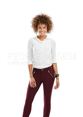 Buy stock photo Black woman, portrait and studio with fashion, afro or style for career, design or stylist on a white background. Isolated African, female person or creative model with smile, casual outfit or mockup