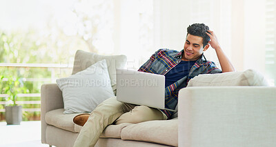 Buy stock photo Man, laptop and sofa for internet search in home for streaming entertainment, subscription or movie. Male person, couch and relax weekend in apartment for watching film in house, media or networking