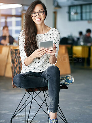 Buy stock photo Portrait, woman and digital tablet with office, workspace and smile for happiness. Journalist, technology and social network or app for website, research or online report in professional agency