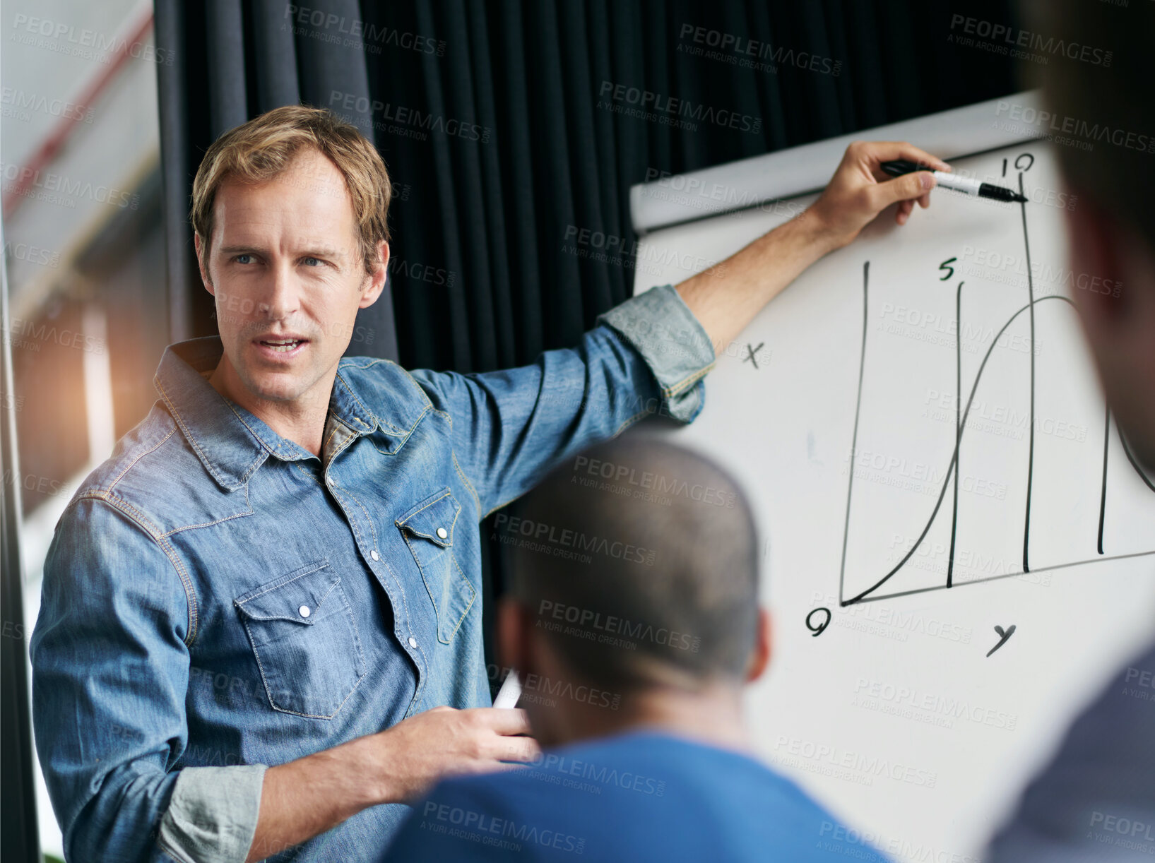 Buy stock photo Presentation, planning and chart with business man in meeting for timeline, profit margin or data analysis. Feedback, research and graph with people in office for project management, growth or report