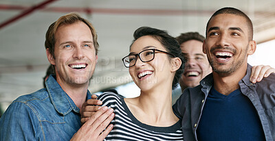 Buy stock photo Diversity, smile and business people in office, funny and happiness with cooperation. Employees, multiracial and group with confidence, about us and cheerful with energy, laughing and humor