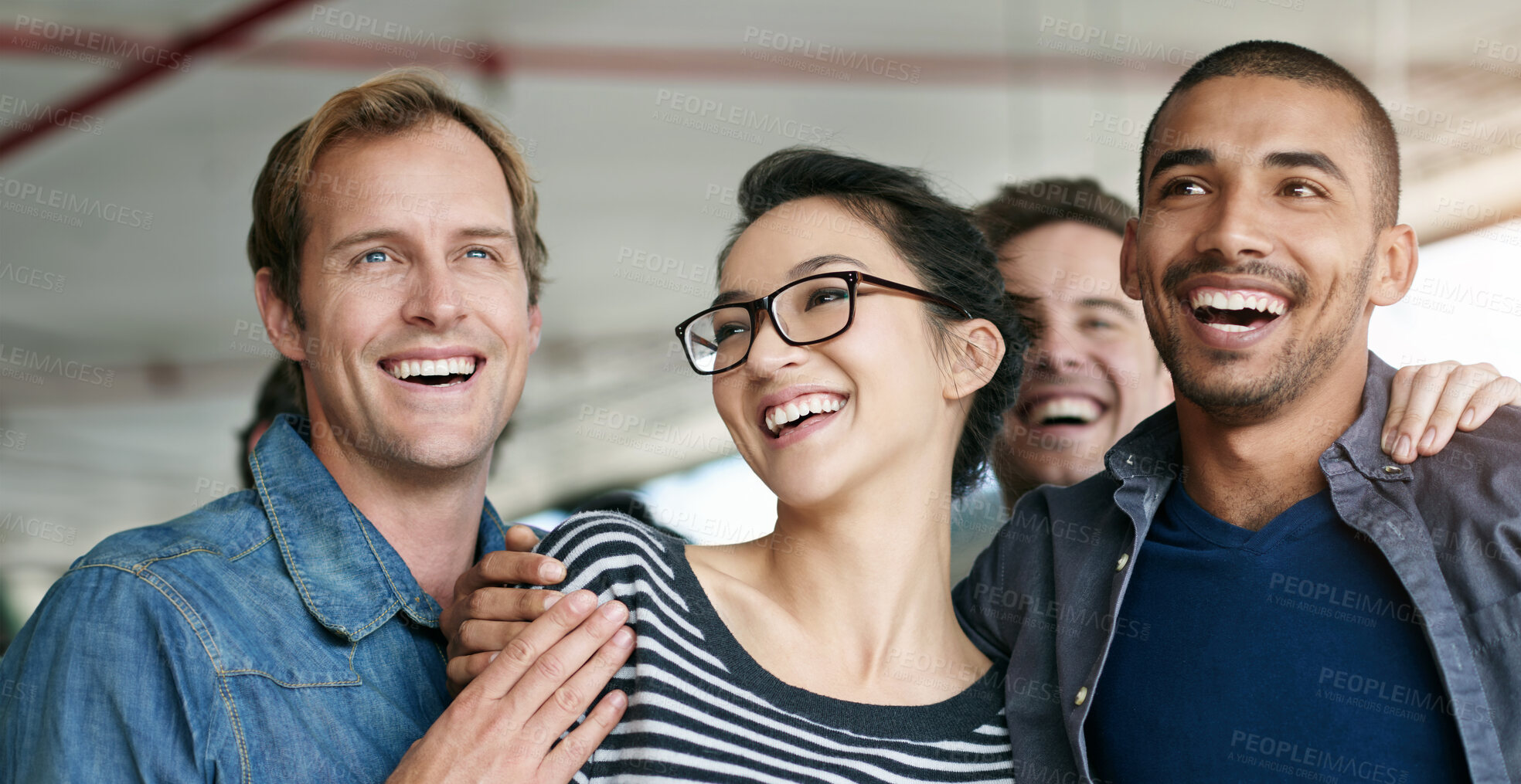 Buy stock photo Diversity, smile and business people in office, funny and happiness with cooperation. Employees, multiracial and group with confidence, about us and cheerful with energy, laughing and humor