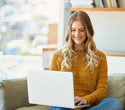 Buy stock photo Woman, work from home and laptop with smile, typing and lounge for deadline as freelancer or copywriter. Female person, journalist and technology for article, story or newsletter as creative for job
