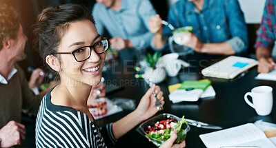 Buy stock photo Business people, portrait and woman with salad, eating or healthy lunch with internship. Group, employee or coworkers in office, professional or nutrition with smile, organic food or meal for protein