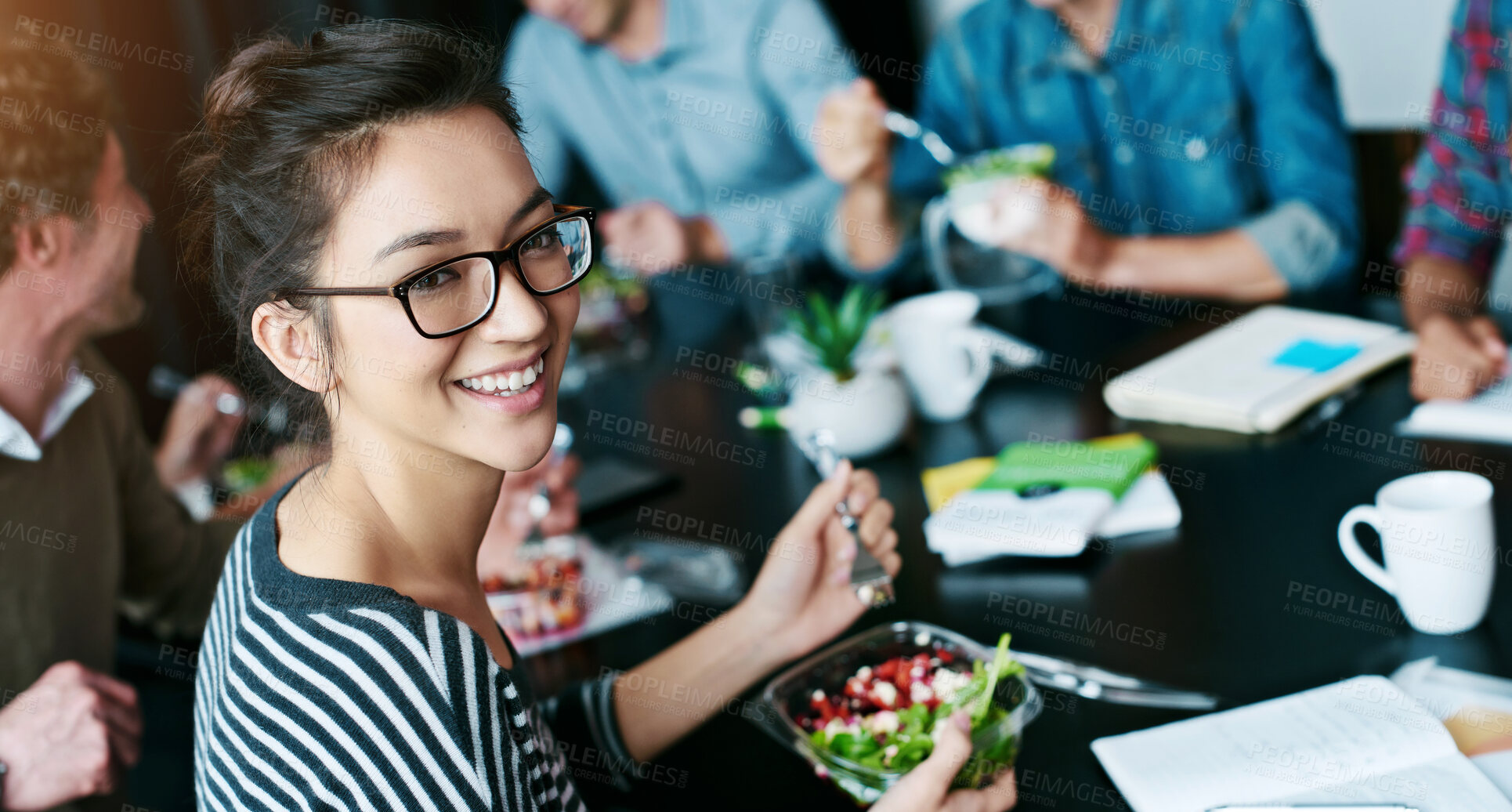 Buy stock photo Business people, portrait and woman with salad, eating or healthy lunch with internship. Group, employee or coworkers in office, professional or nutrition with smile, organic food or meal for protein