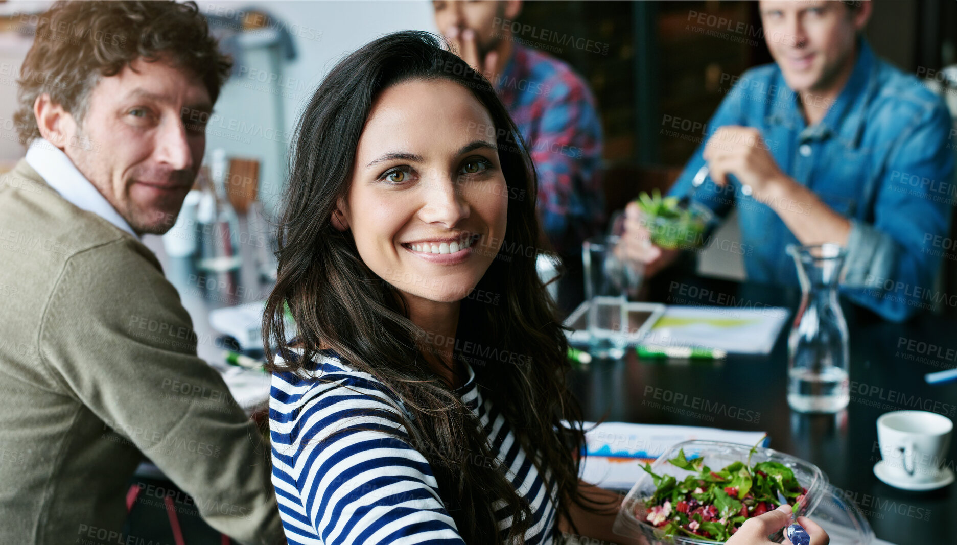 Buy stock photo Portrait, business people and woman with food, wellness and eating with nutrition, break and delicious. Face, group and employees with lunch, healthy meal and hungry with vegetarian, taste and smile