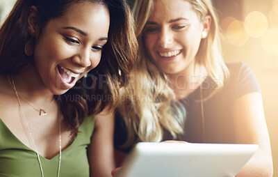 Buy stock photo Laugh, friends and women in coffee shop with tablet for social media, funny meme or networking together. Communication, smile and girl in cafe with online post, happiness or connection on digital app