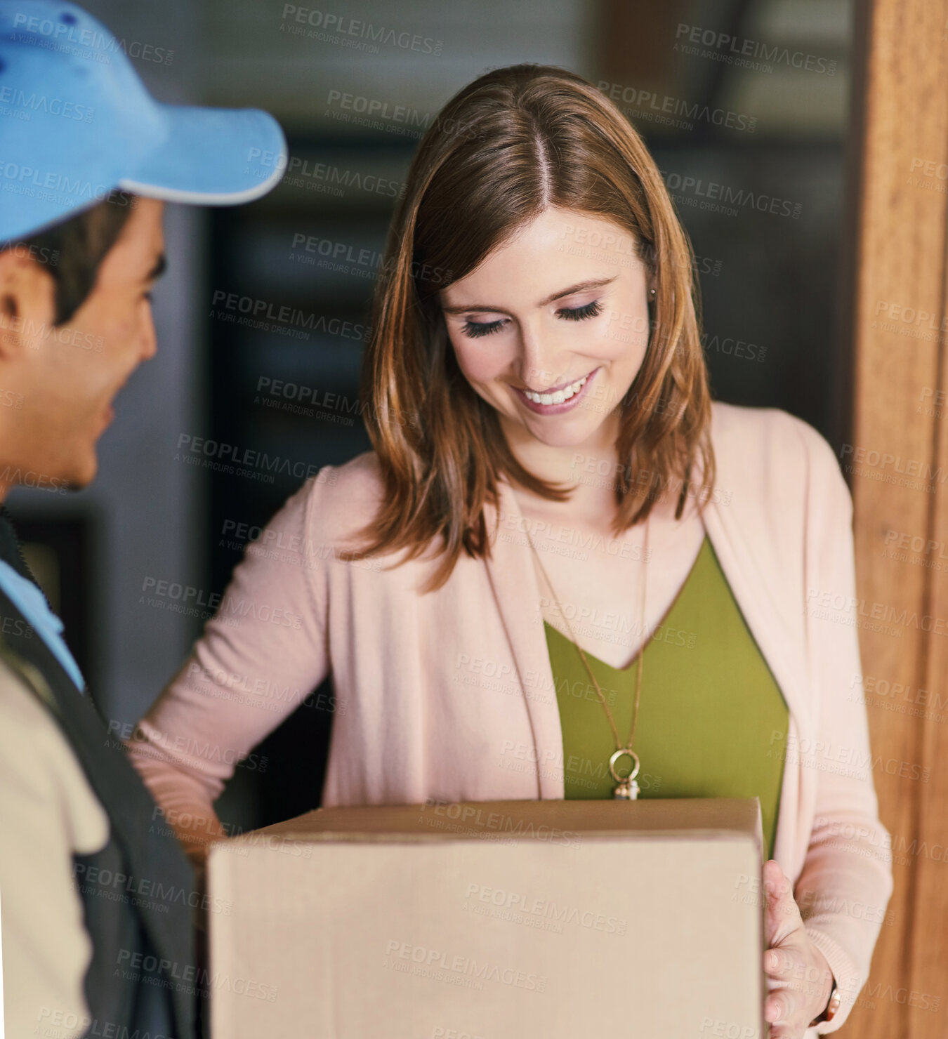 Buy stock photo Woman, courier and package for delivery by home of online shopping, ecommerce and equipment for house decor. Girl, male dispatcher and parcel for transmission or distribution and product order.