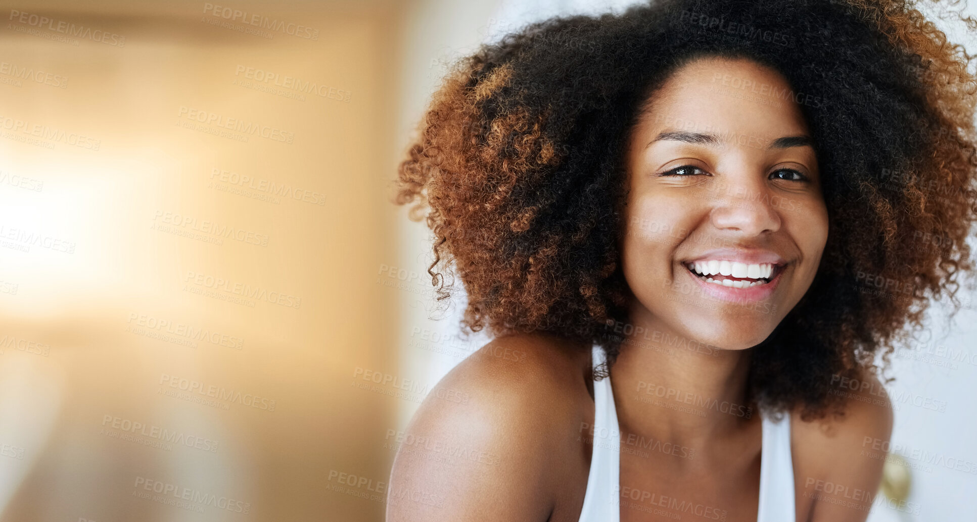 Buy stock photo Portrait, house and black woman with cosmetics, skincare and grooming routine for smooth skin. Face, apartment and happy person with texture, dermatology and smile with wellness, shine and treatment