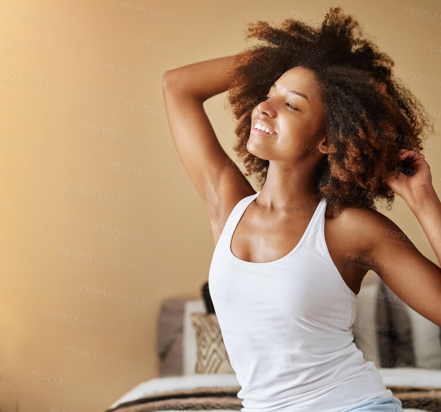 Buy stock photo Home, morning and black woman stretching, smile and happiness with weekend break, holiday and stress relief. Bedroom, apartment and African person with wellness, peace and calm with healthy routine