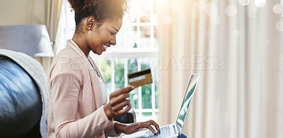 Buy stock photo Credit card, laptop and black woman in home in morning for online shopping, internet purchase and payment. Ecommerce, fintech and happy person on computer for website, sales and digital banking