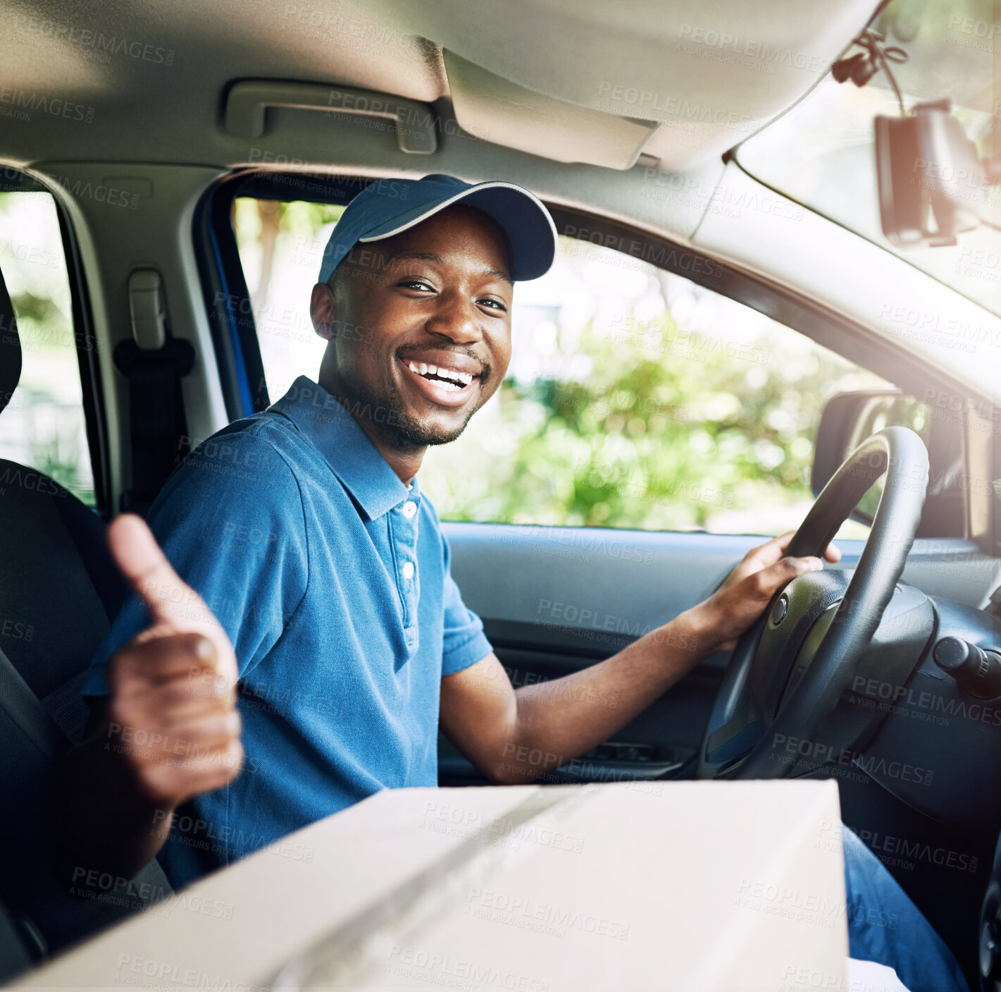 Buy stock photo African man, courier and thumbs up in car for boxes, portrait or smile for job in supply chain. Person, package and happy for delivery with sign, emoji or symbol for good service, choice or transport