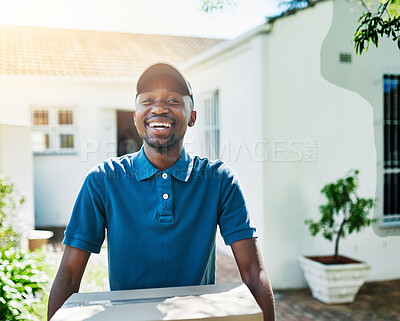 Buy stock photo Portrait, outdoor and black man with box, service and sunshine with courier, logistics and delivery. African person, face and employee with cardboard, package and parcel with shipping and product