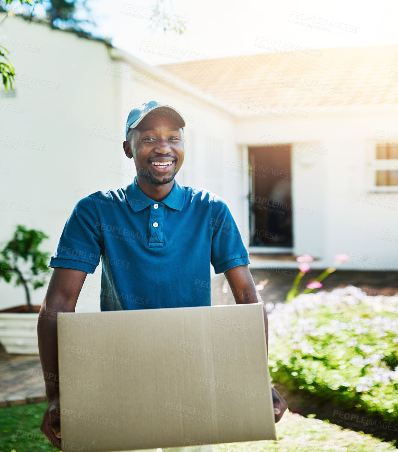 Buy stock photo Portrait, outdoor and black man with box, delivery and sunshine with courier, logistics and shipping. African person, face and employee with cardboard, package and parcel with service and product