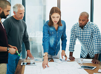 Buy stock photo Architect, group and people in discussion for floor plan with design, sketch and paper in modern office. Men, woman and blueprint for planning, creativity and engineering with diversity in workplace