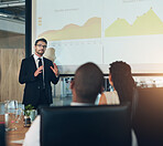 Business people, presentation and graphs for finance, projection and share information in meeting. Group, employees or speaker with screen, charts or revenue for startup, brainstorming or cooperation