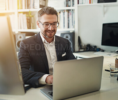 Buy stock photo Office, morning and business man on laptop for online networking, insurance report and research. Professional consultant, corporate and person on computer for website, internet or planning for career