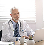 Healthcare, doctor and man on laptop in office for medical results, research and online consulting. Professional, hospital and mature person on computer for telehealth website, service and wellness