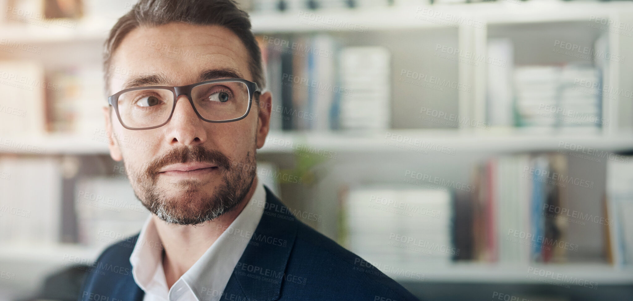 Buy stock photo Thinking, glasses and businessman face in office with corporate ideas for company vision, sales and goals. Workplace, thoughtful and male lawyer with growth mindset for consulting and future project