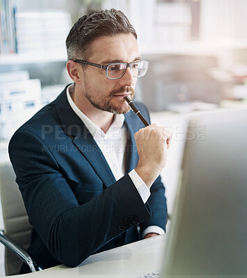 Buy stock photo Thinking, monitor and businessman face by desk with corporate ideas for company vision, plan and goal. Workplace, thoughtful and male lawyer with computer for growth mindset, career and future case