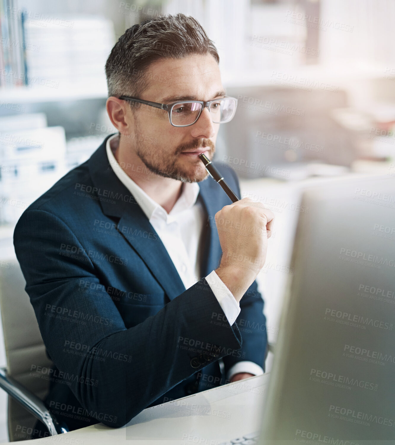 Buy stock photo Thinking, monitor and businessman face by desk with corporate ideas for company vision, plan and goal. Workplace, thoughtful and male lawyer with computer for growth mindset, career and future case