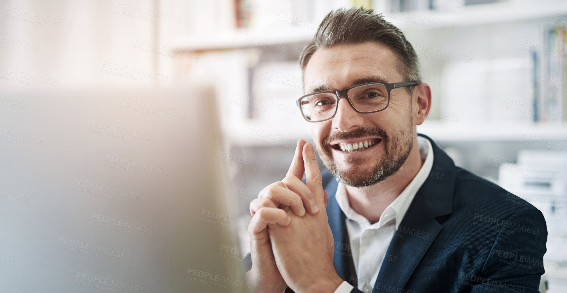 Buy stock photo Portrait, businessman and smile by desk with monitor for corporate career, online report and reading email. Workplace, happy male lawyer and tech with connection for legal job and consulting advice