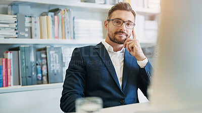 Buy stock photo Portrait, businessman and thinking by desk in office with corporate opportunity for startup, ideas and goals. Workplace, male lawyer and thoughtful with legal career for solutions and company growth