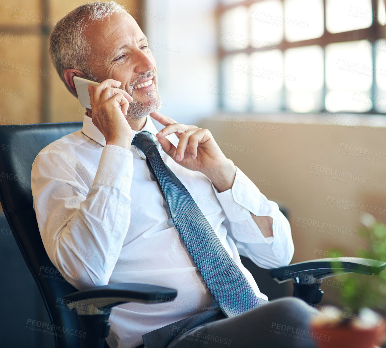 Buy stock photo Mature businessman, laughing and phone call in office with communication for financial deal and negotiation. CEO, corporate employer and smartphone with networking, investment contact or funny trader