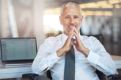 Buy stock photo Mature businessman, boss and portrait in office with laptop screen for trading information and stock exchange data. Executive, professional trader and happy face with tech display for online broker