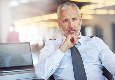 Buy stock photo Mature businessman, CEO and portrait in office with laptop screen for trading information and stock exchange data. Executive, professional trader and serious face with tech display for online broker