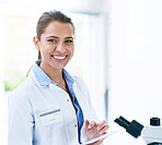 Scientist, portrait and smile with laboratory, microscope and tablet for research and discovery. Woman, science and lab coat for forensics, breakthrough and drug innovation and life extension