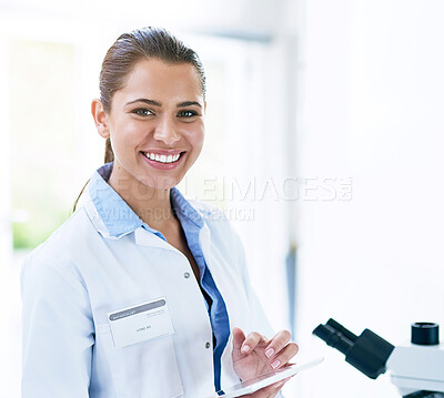 Buy stock photo Scientist, portrait and smile with laboratory, microscope and tablet for research and discovery. Woman, science and lab coat for forensics, breakthrough and drug innovation and life extension