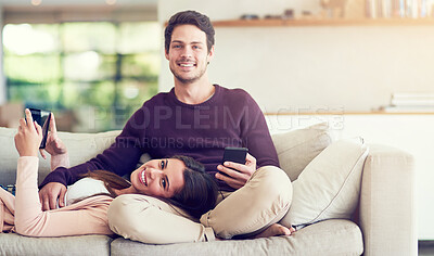 Buy stock photo Couple, portrait and relax on sofa with phone, tablet and connectivity for app in home living room. Man, woman and technology with bonding, care and morning on vacation with smile on couch in house