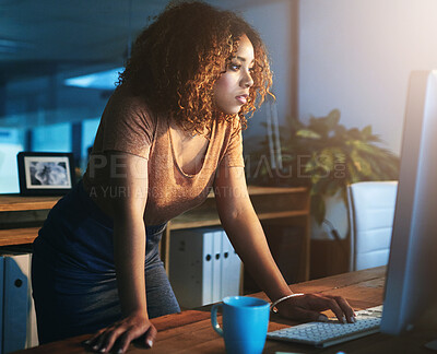 Buy stock photo Business, woman and computer in office at night for overtime, deadline and research for project proposal for client. Female person, employee and reading email, information and schedule or waiting